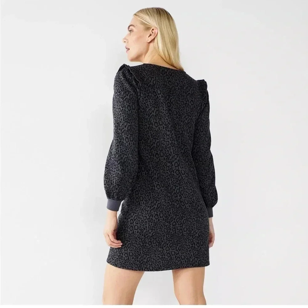 Nine West Fleece Lined Black/Gray Animal Print Sweatshirt Dress Size XL